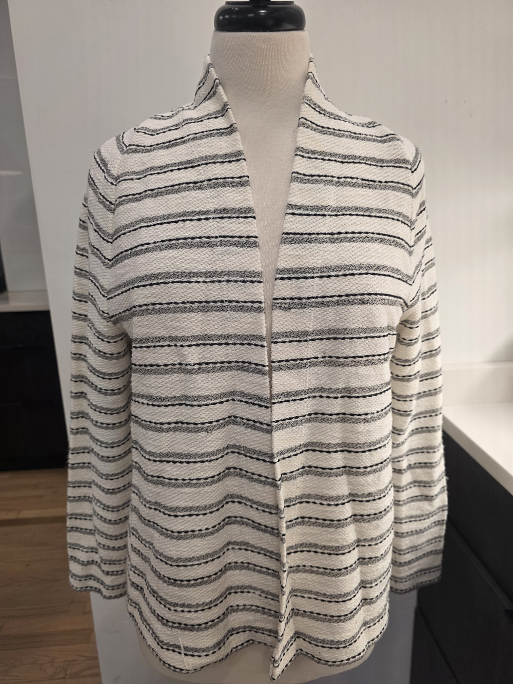 LOFT Cream and Black Open-Front Striped Cardigan